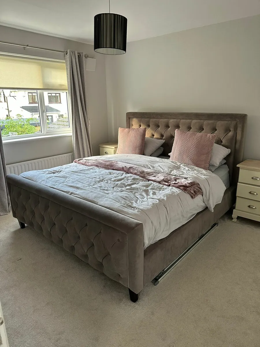 King Size Velvet Bed Frame and Mattress - Image 1