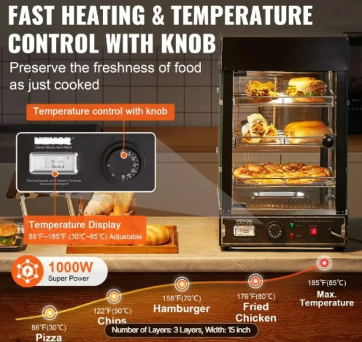 3-Tier Commercial Food Warmer Display, 1000W Food - Image 2