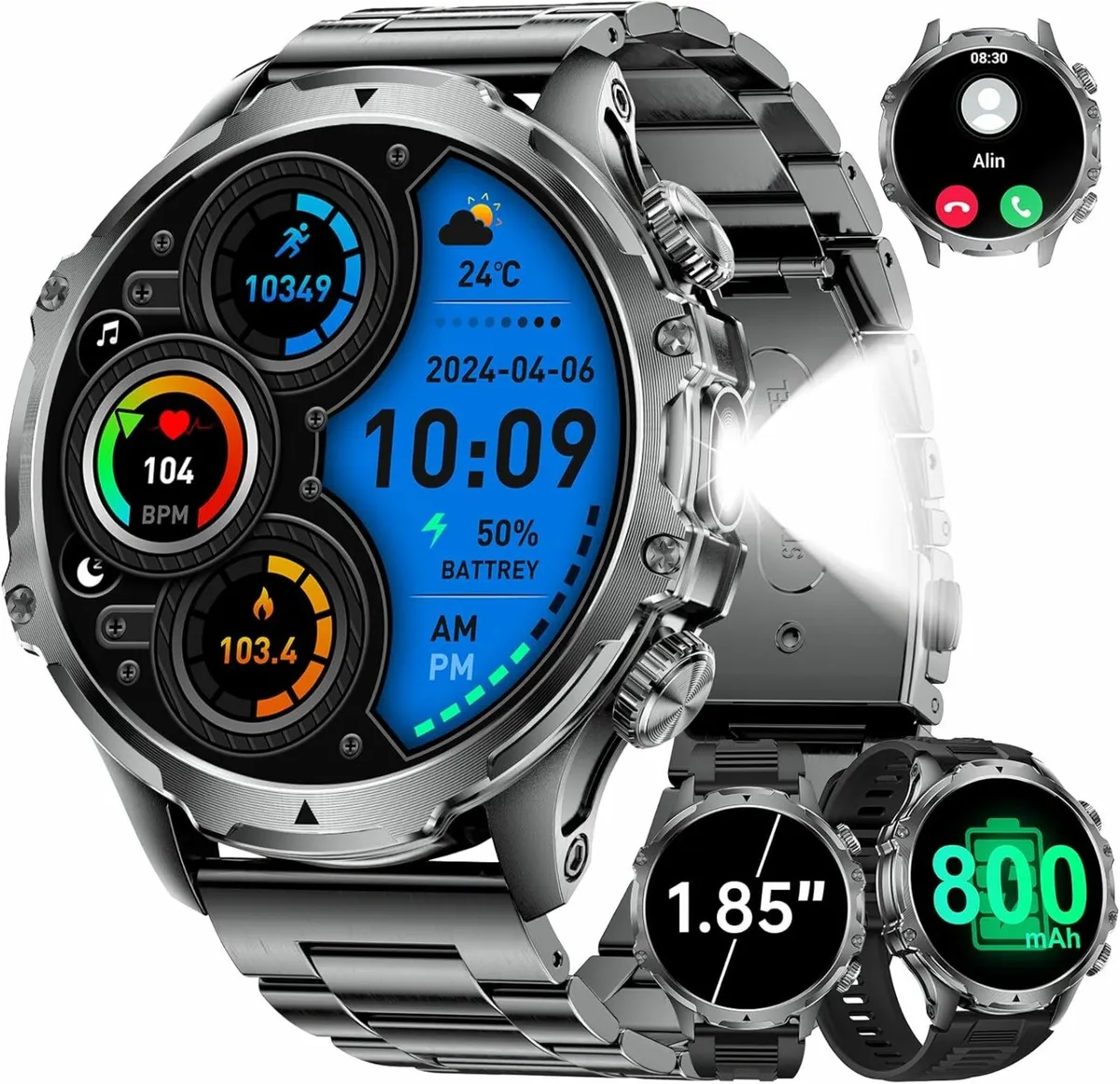 Smart Watch for Men with 800mAh/LED Flashlight, 1.
