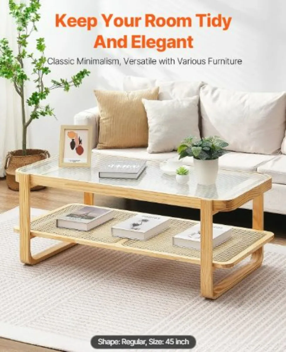 Rattan Coffee Table, Rectangle Rattan Woven Wood - Image 2