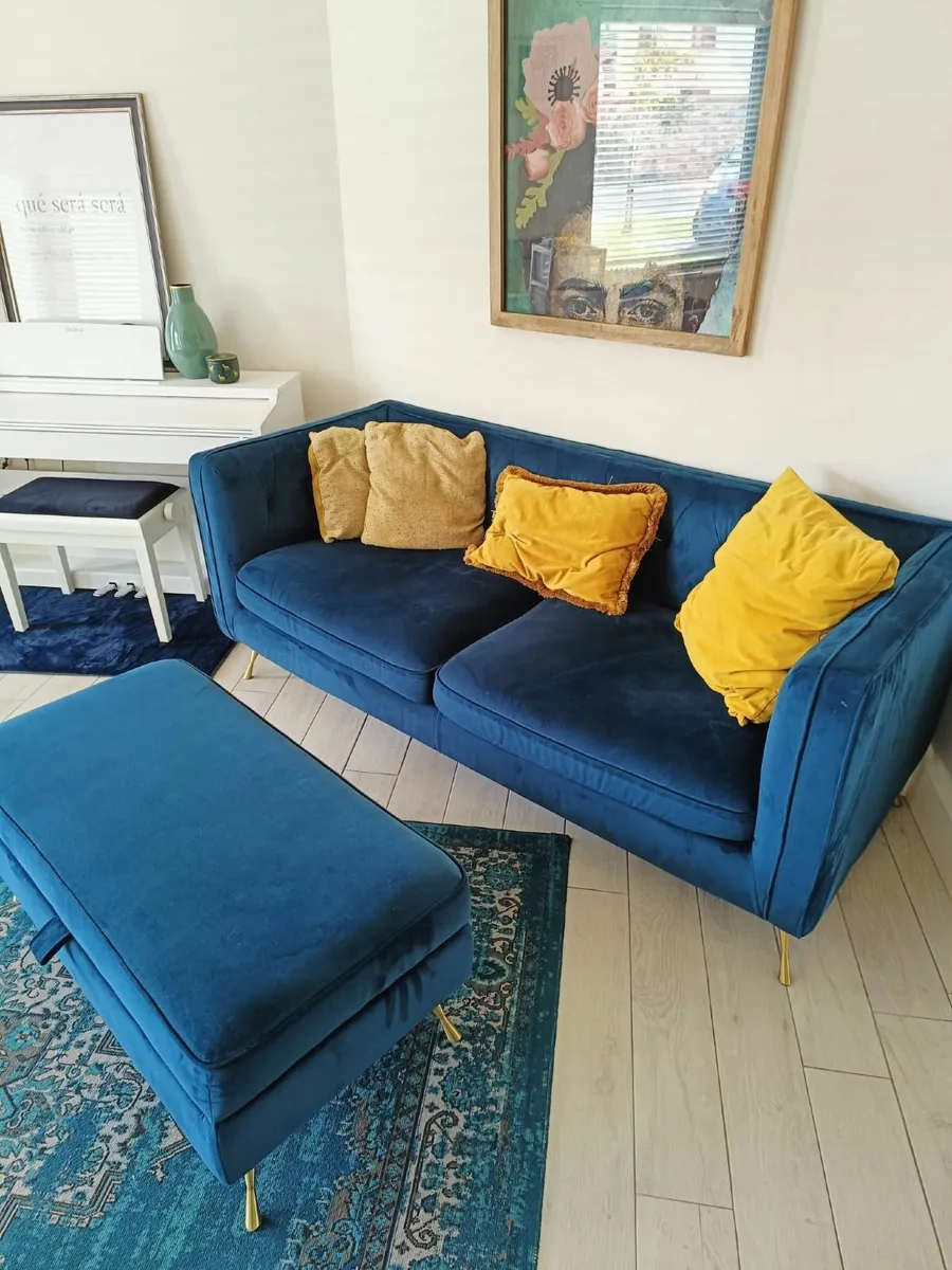 Blue/Golden velvet sofa with stool - Image 1