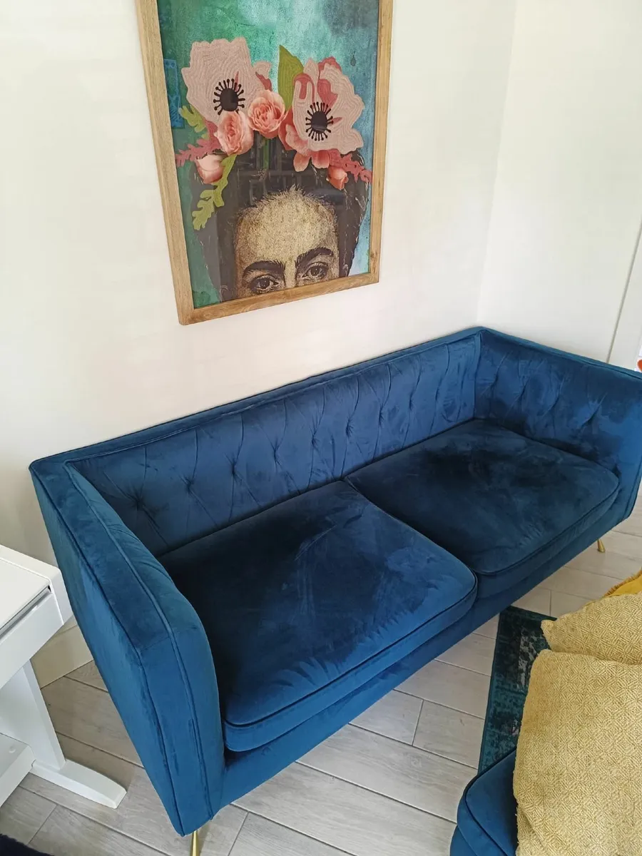 Blue/Golden velvet sofa with stool - Image 2