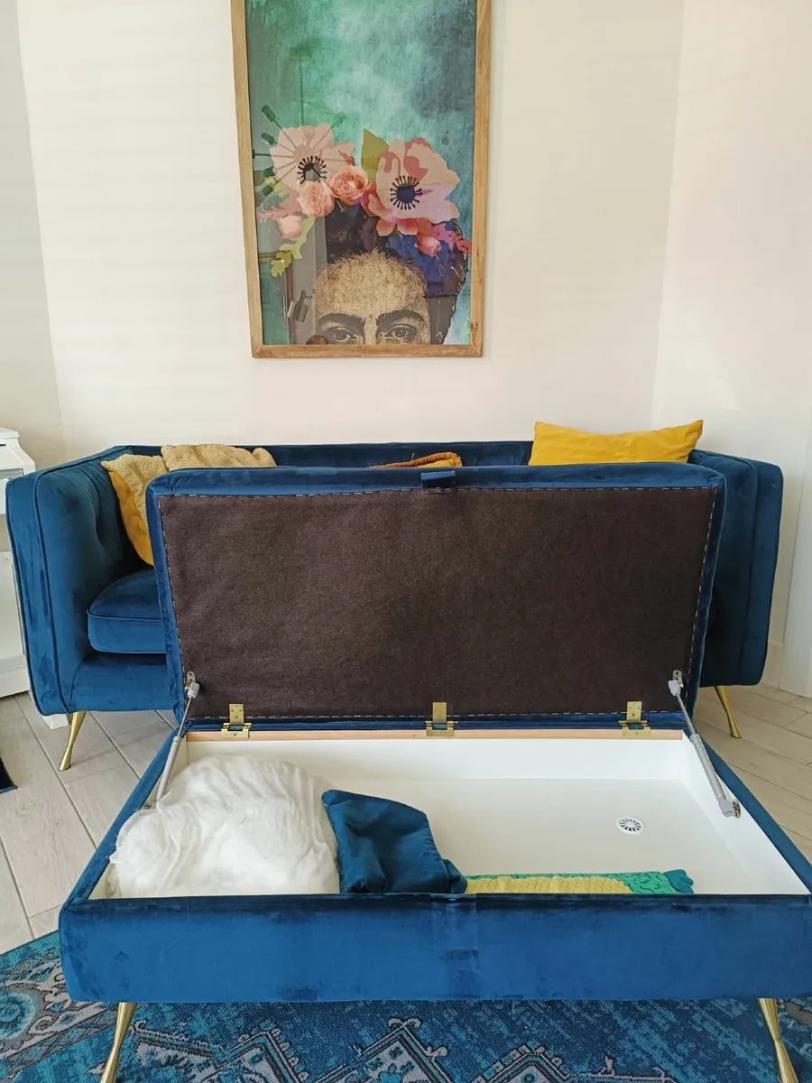 Blue/Golden velvet sofa with stool - Image 3