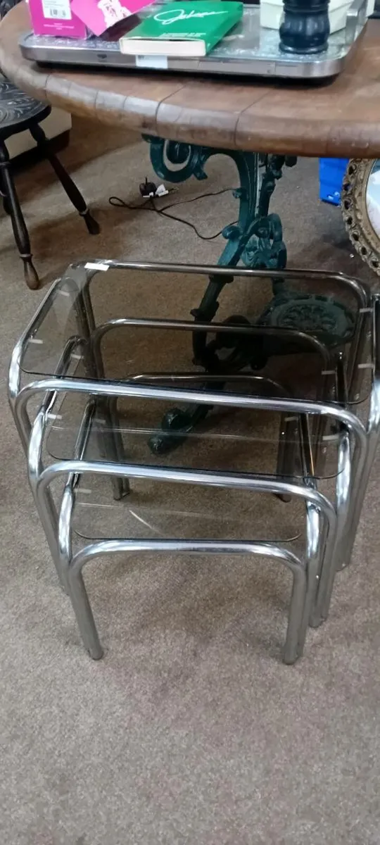 Vintage Chrome And Glass Nest Of Tables