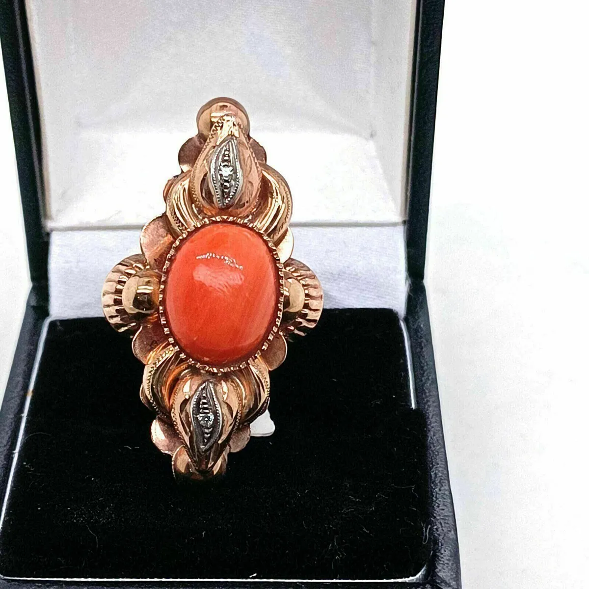 Victorian Red Coral & Diamond Fancy Ring 9k Gold - Image 2