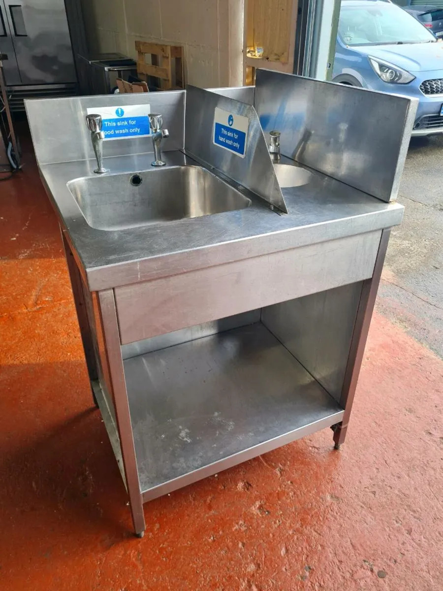 Stainless steel sinks, tables and shelf - Image 4