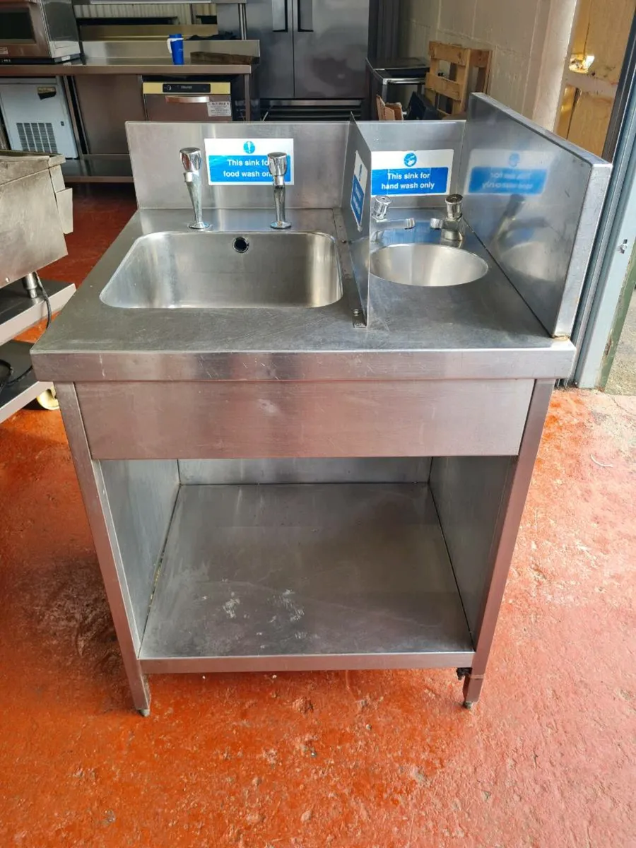 Stainless steel sinks, tables and shelf - Image 1