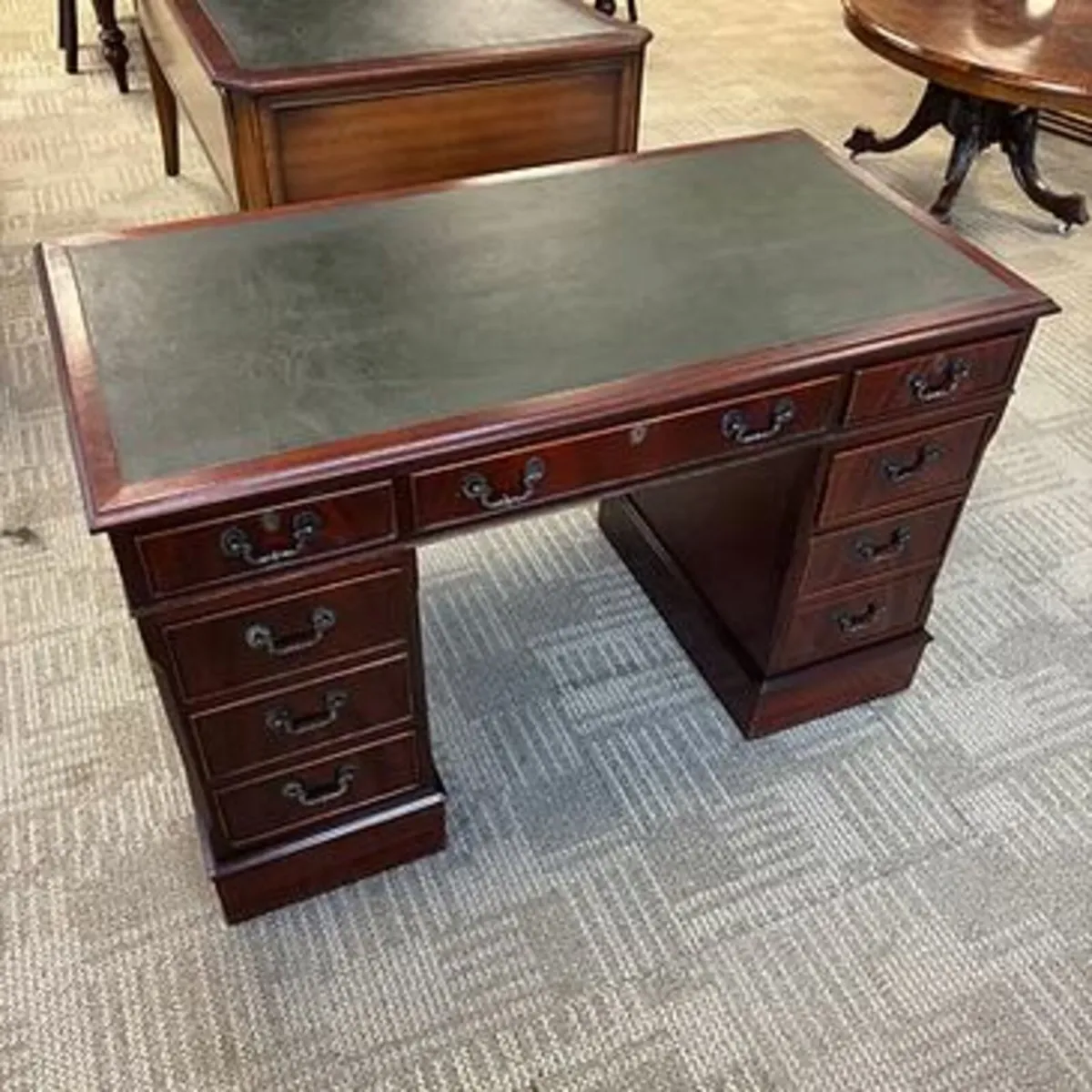 Mahogany green leather top twin pedestal writing d