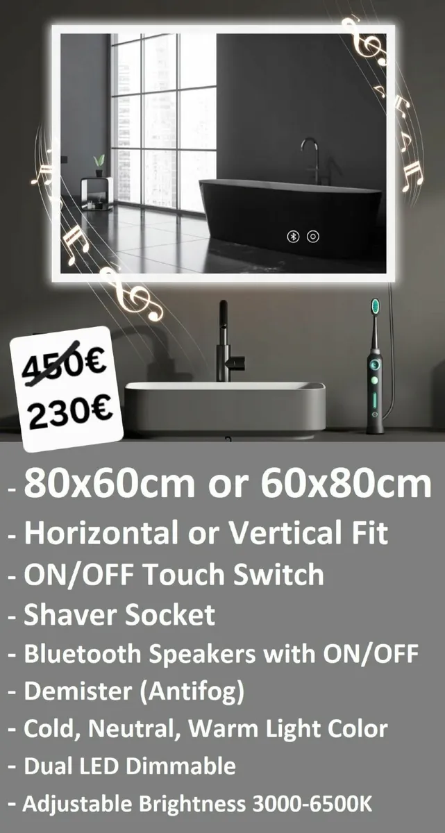 LED Bathroom Mirror Antifog Bluetooth - Image 1