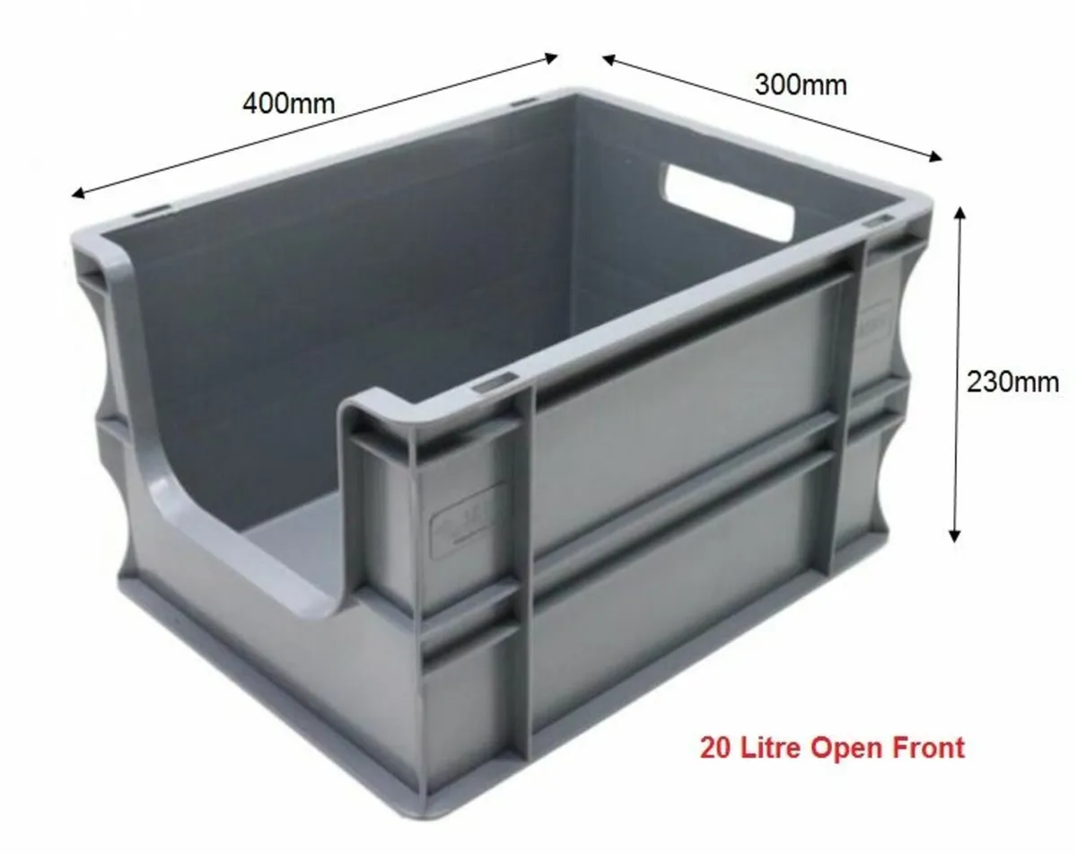 Grey Plastic Storage Boxes Open Front Stackable - Image 2