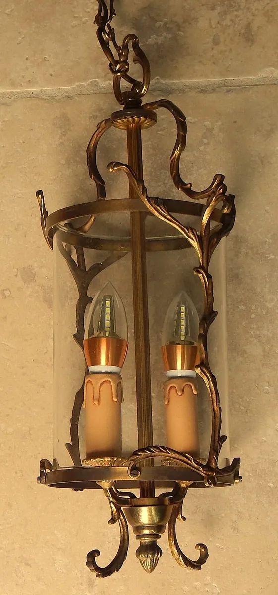 Vintage French Brass Double Light Ceiling Lantern - Image 4