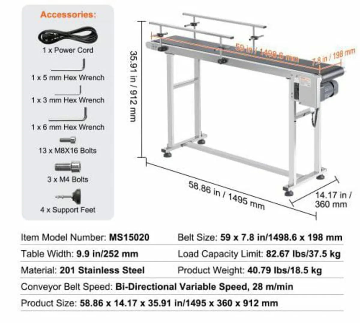 Belt Conveyor, 59 x 7.8 inch Conveyor Table, Heavy - Image 2