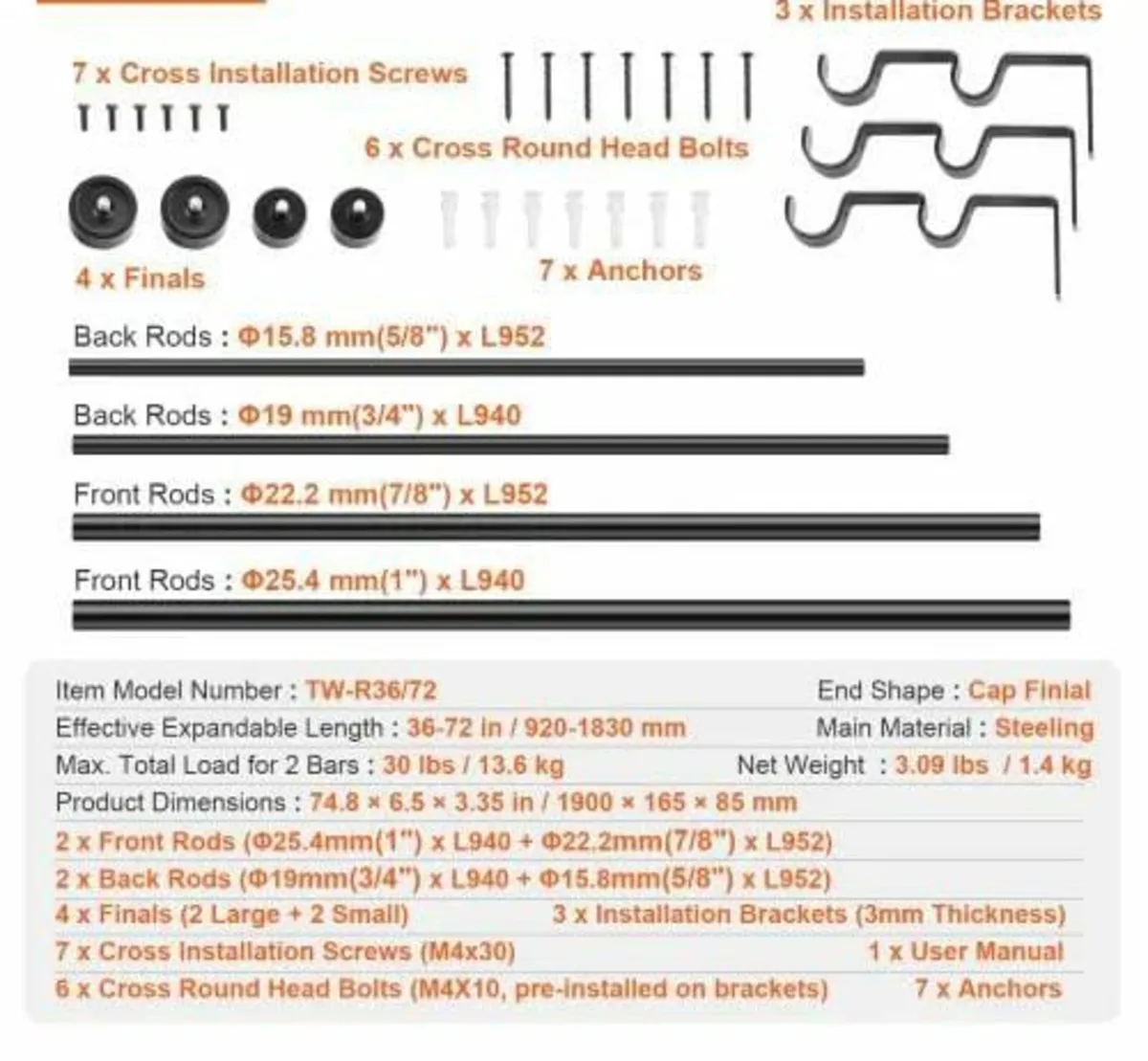 Double Rod Curtain Rods, 36-72 inches(3-6ft) Adjus - Image 2