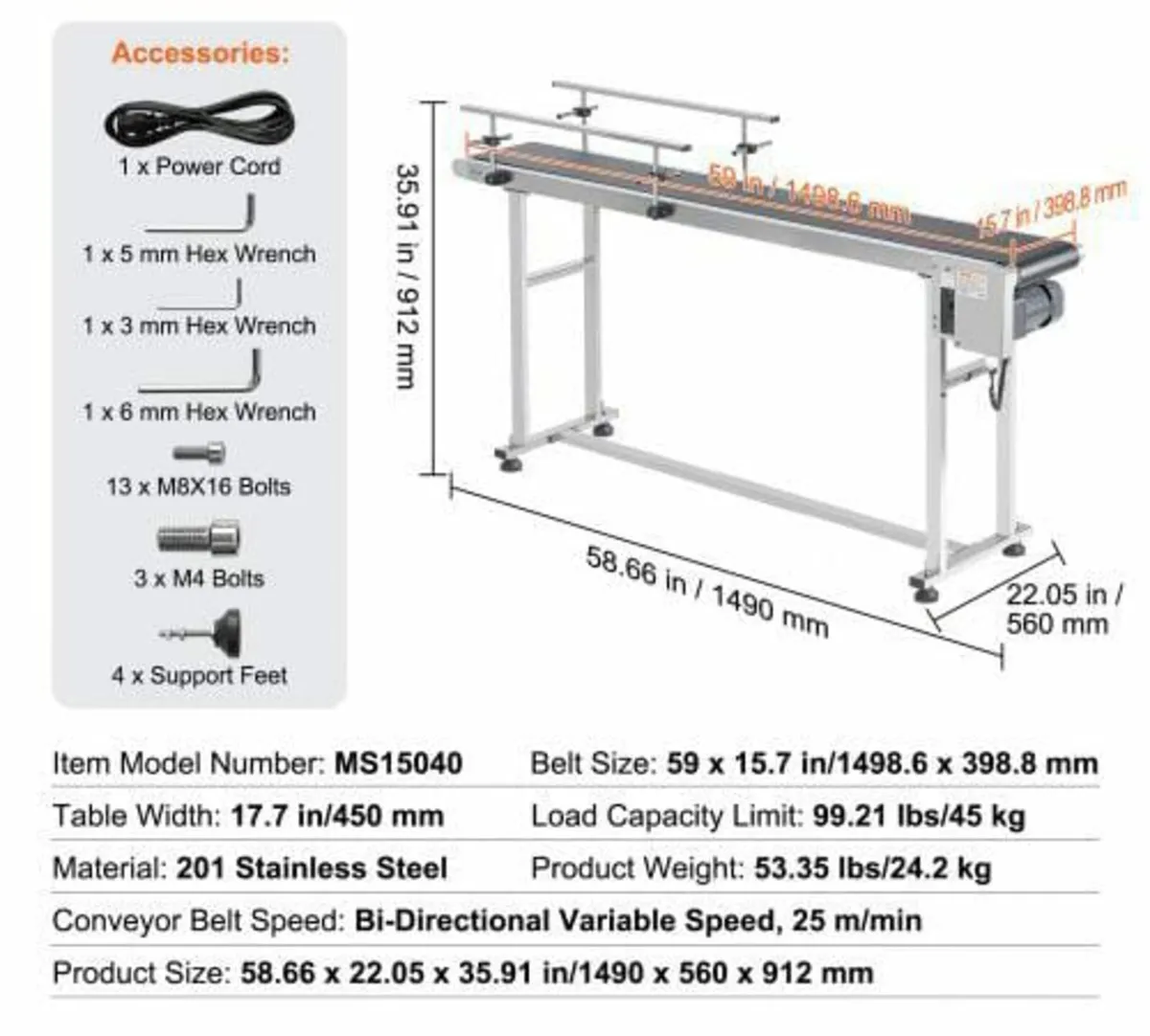 59 x 15.7 inch Conveyor Table, Heavy Duty Stainles - Image 4