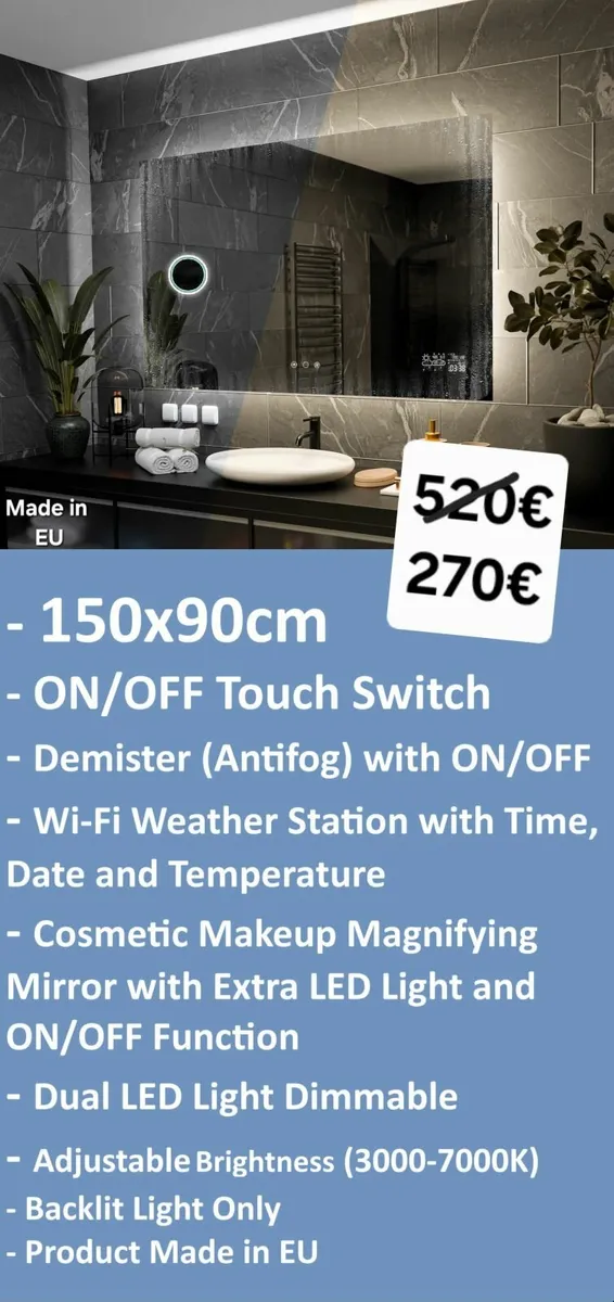 LED Bathroom Mirror Antifog Weather Station