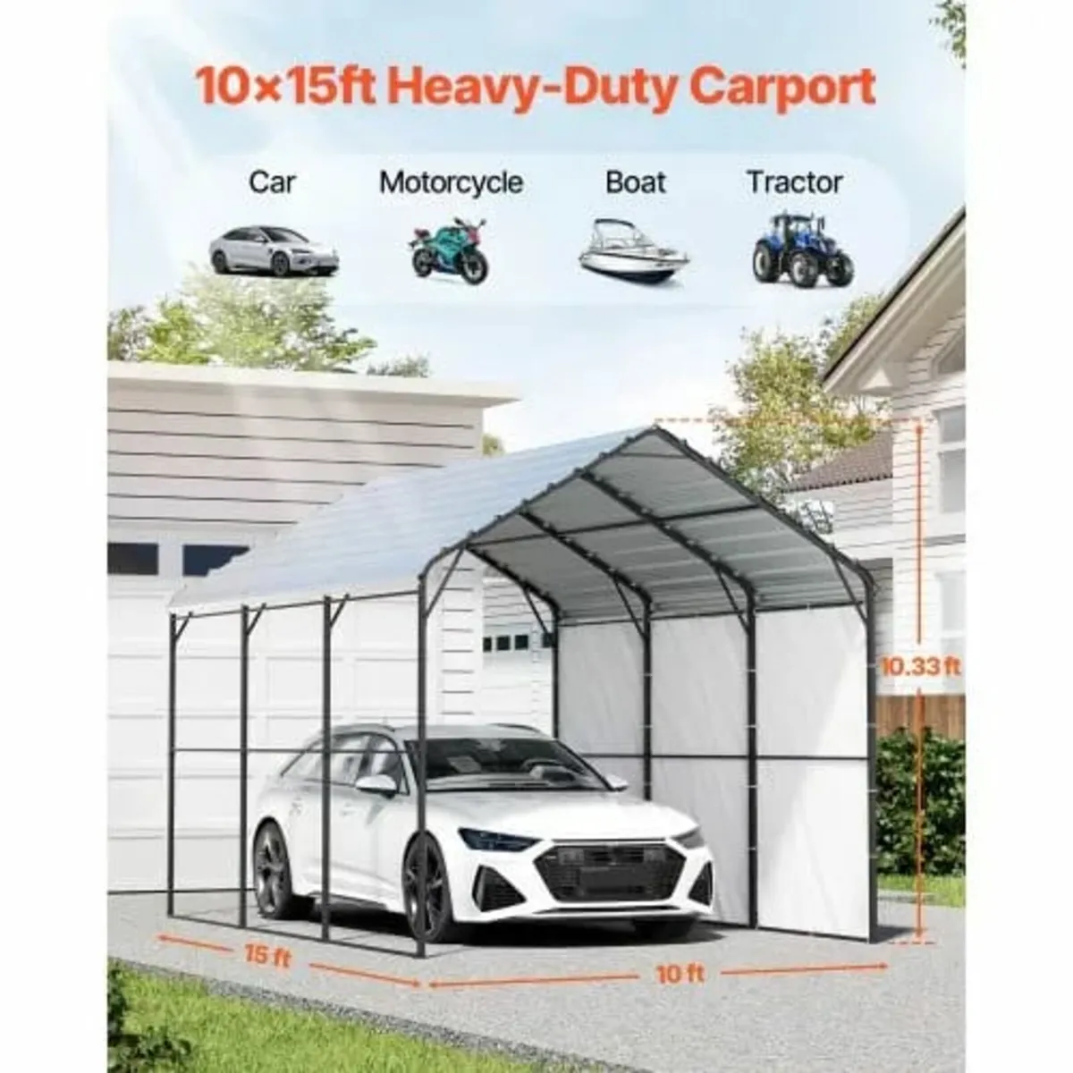 Heavy Duty Metal Carport, 10' x 15' Outdoor Carpor - Image 3