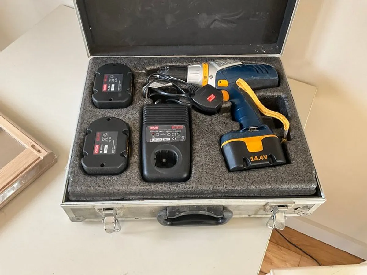 Ryobi Drill w case and 2x batteries - Image 1