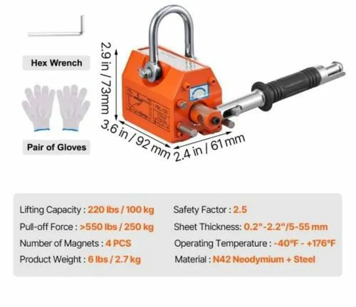 Magnetic Lifter, 220 lbs/100 kg Pulling Capacity, - Image 4
