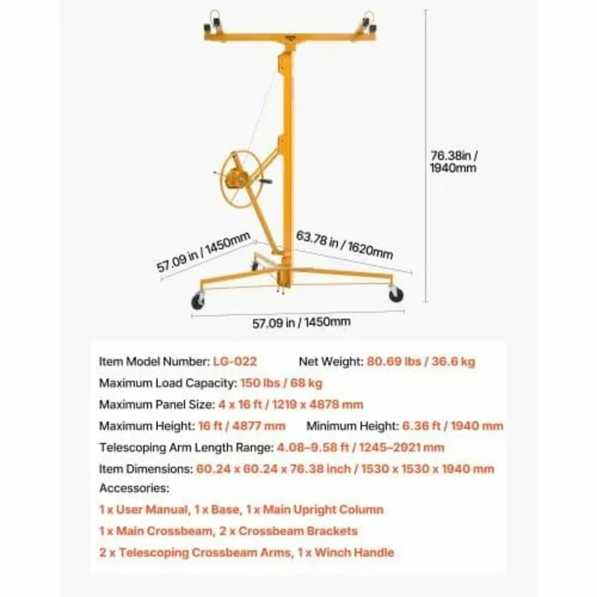 4877 mm Drywall Lift, Heavy-Duty 68 kg Sheetrock H - Image 4