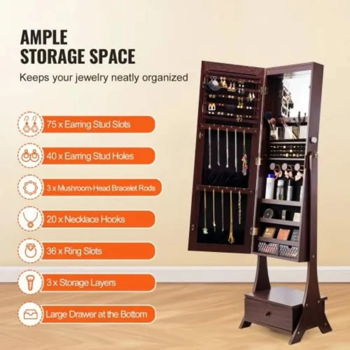 Mirror Jewelry Cabinet, Standing Mirror with Stora - Image 3