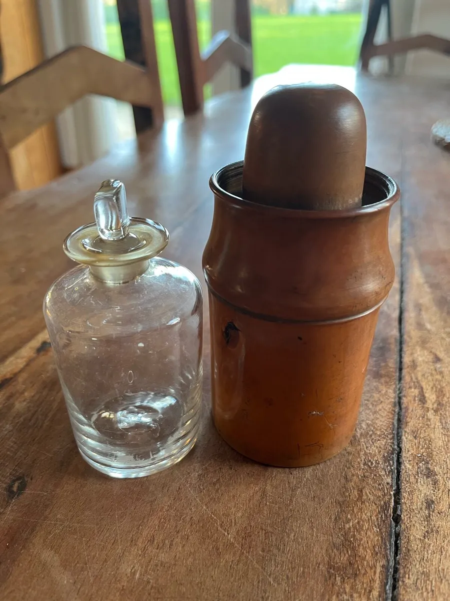Antique Treen Apothecary bottle holder with bottle - Image 2
