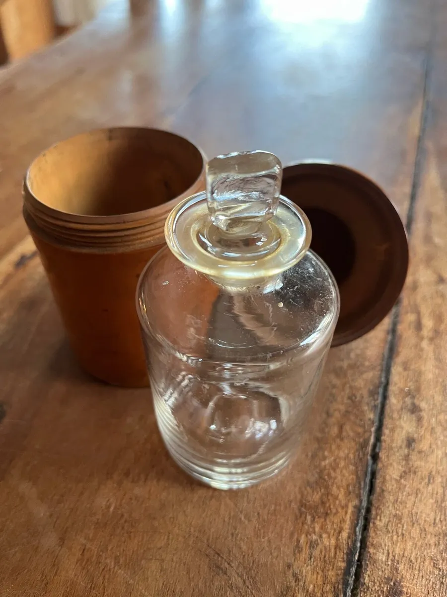 Antique Treen Apothecary bottle holder with bottle - Image 1