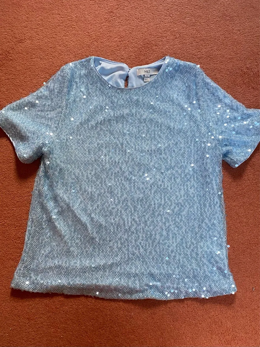 Powder Blue Sequin Short Sleeve Top - Image 1
