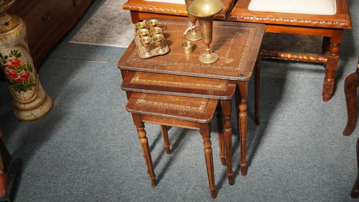 Antique Nest of Tables with Tooled Leather Tops - Set of 3 - Image 1