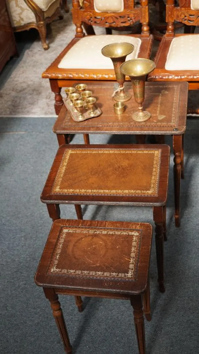 Antique Nest of Tables with Tooled Leather Tops - Set of 3 - Image 2