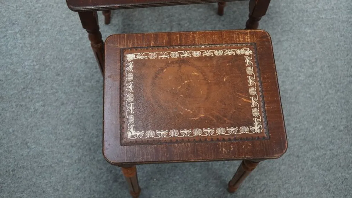 Antique Nest of Tables with Tooled Leather Tops - Set of 3 - Image 3