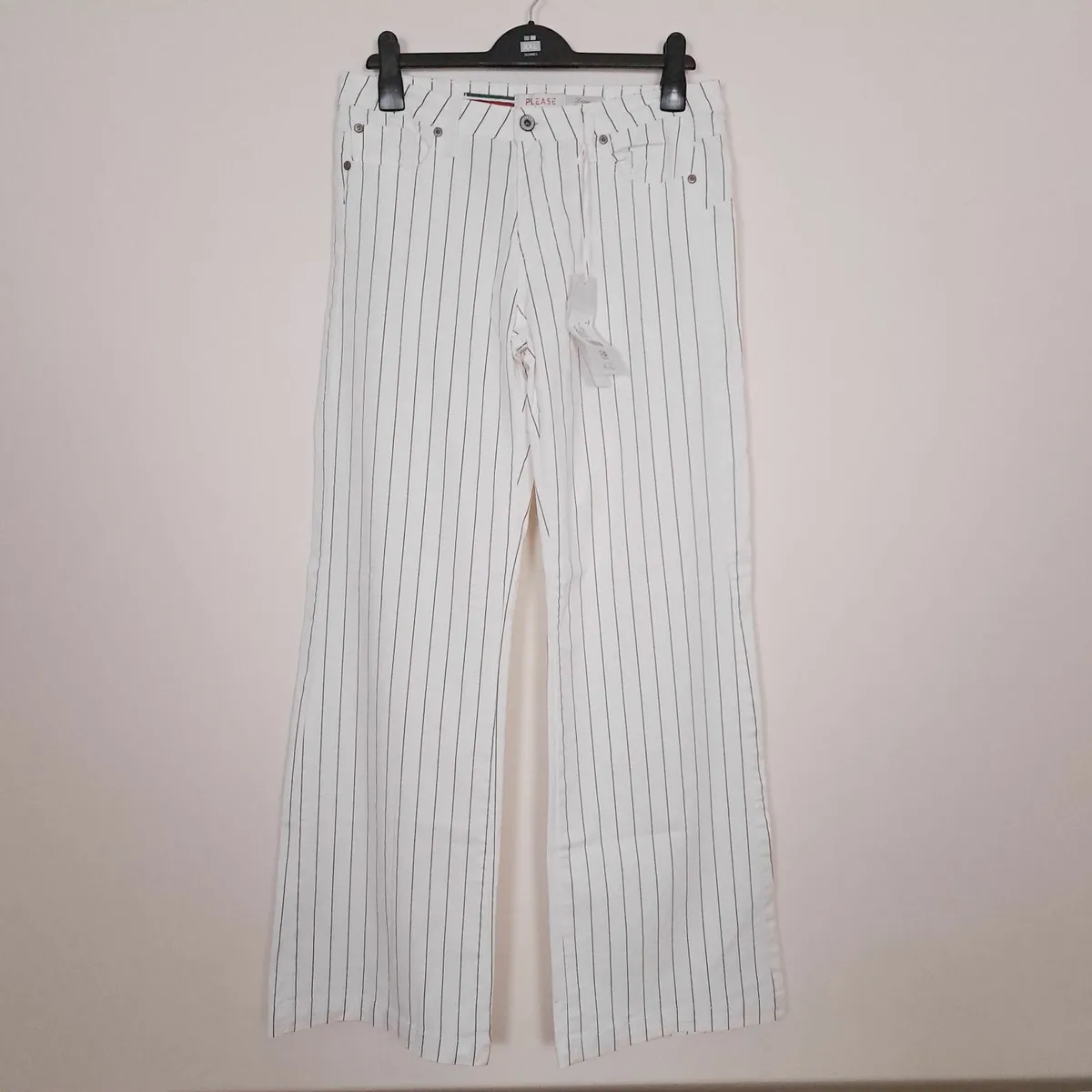 Please White Pinstripe Straight Leg Trousers L - Image 1