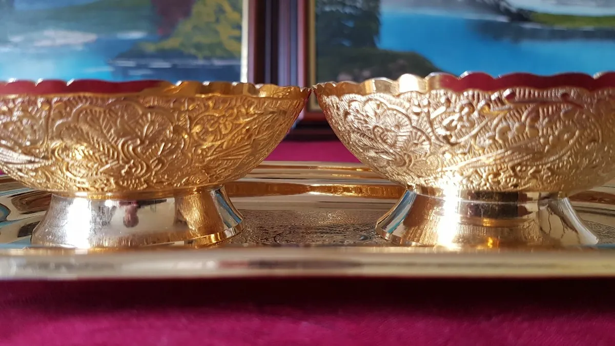 Ornate & Engraved Solid Brass Footed Bowls & Plate - Image 2