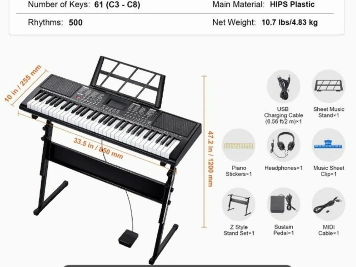 61-Key Digital Keyboard Piano with Stand, Micropho - Image 2