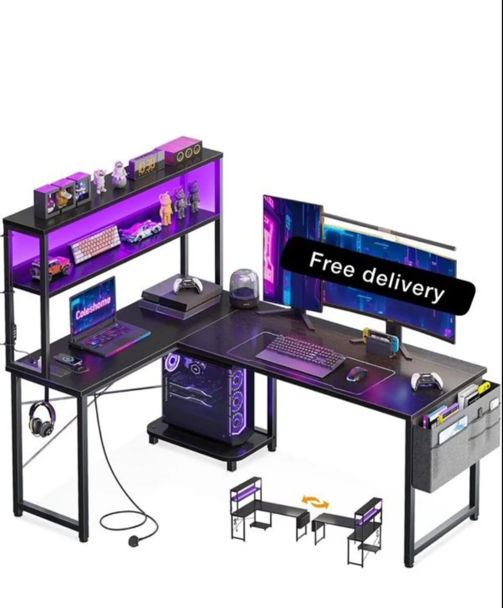 L Shaped Gaming Desk with LED Lights & Power O