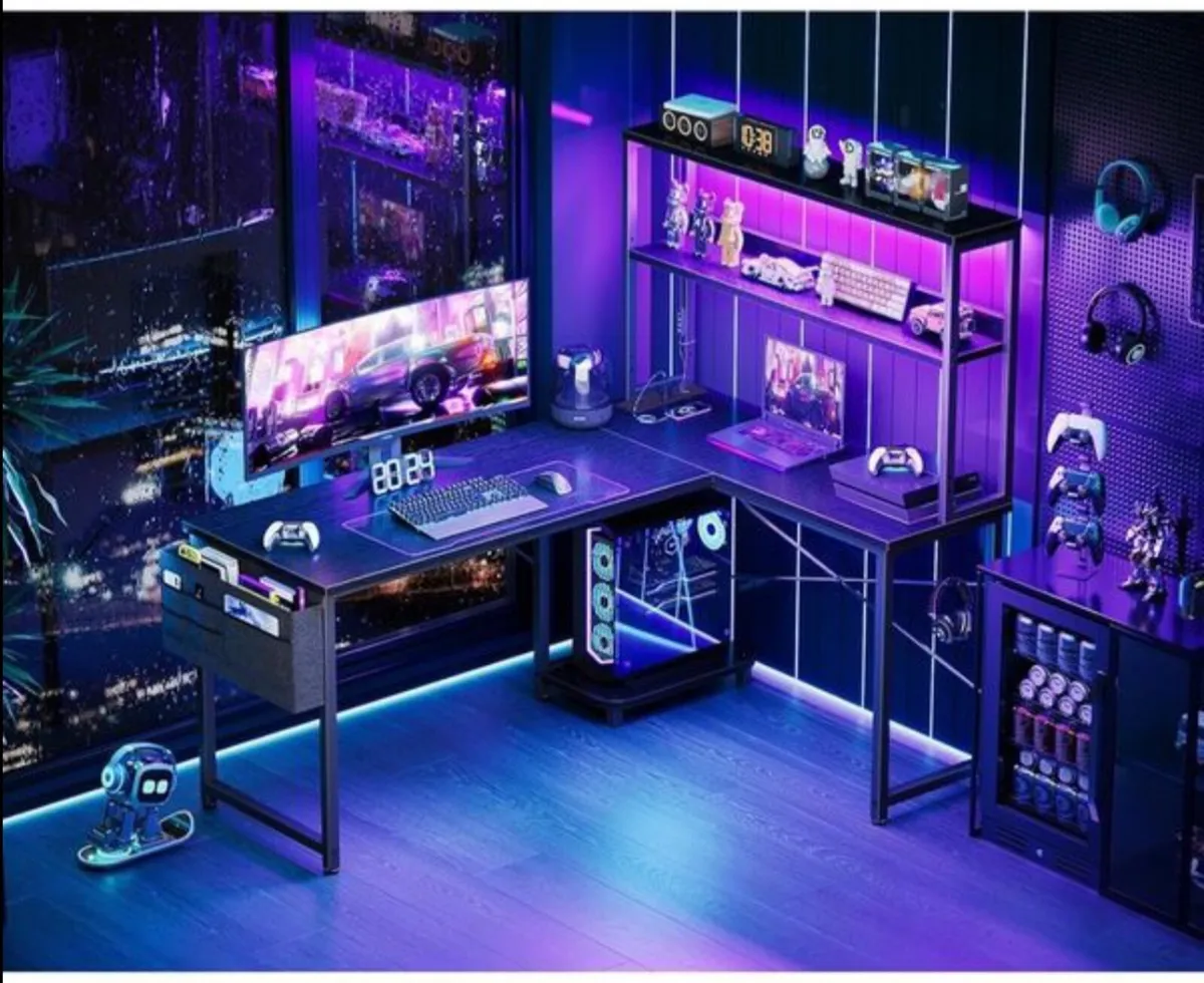 L Shaped Gaming Desk with LED Lights & Power O