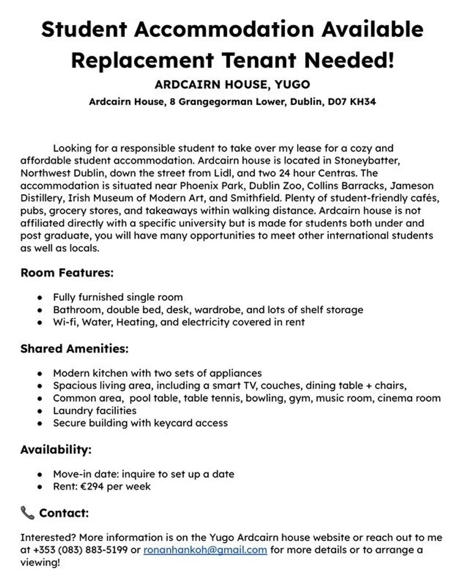 Student Accommodation Available  Replacement Tenant Needed! - Image 1