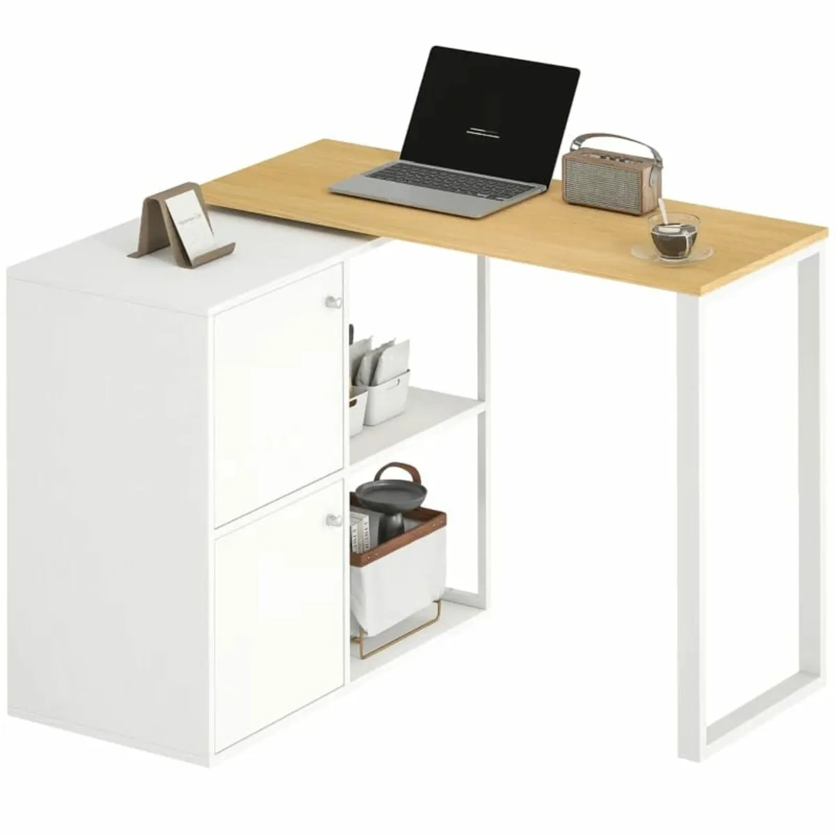 360° Rotating L-Shaped Corner Desk with Storage — - Image 1