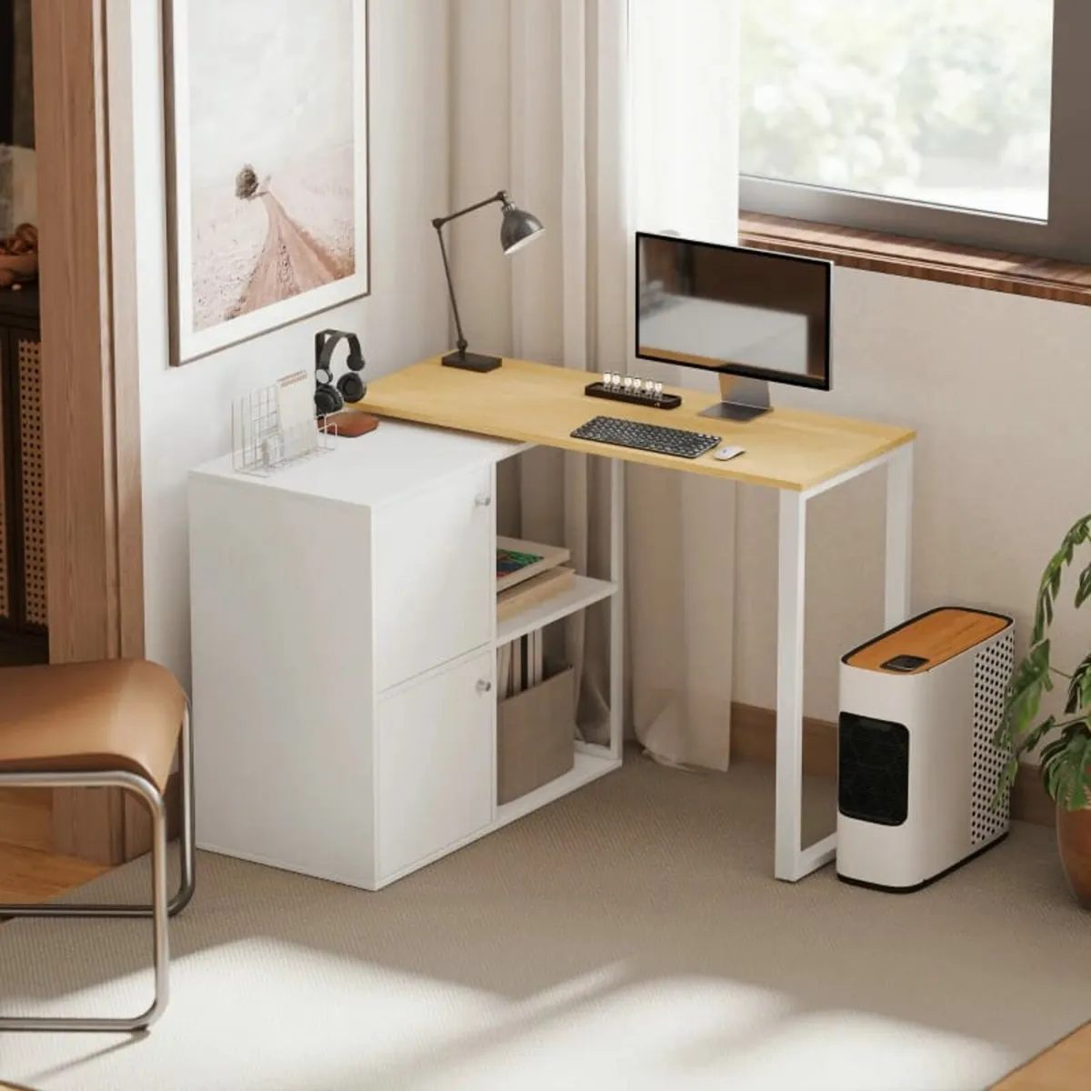 360° Rotating L-Shaped Corner Desk with Storage — - Image 3