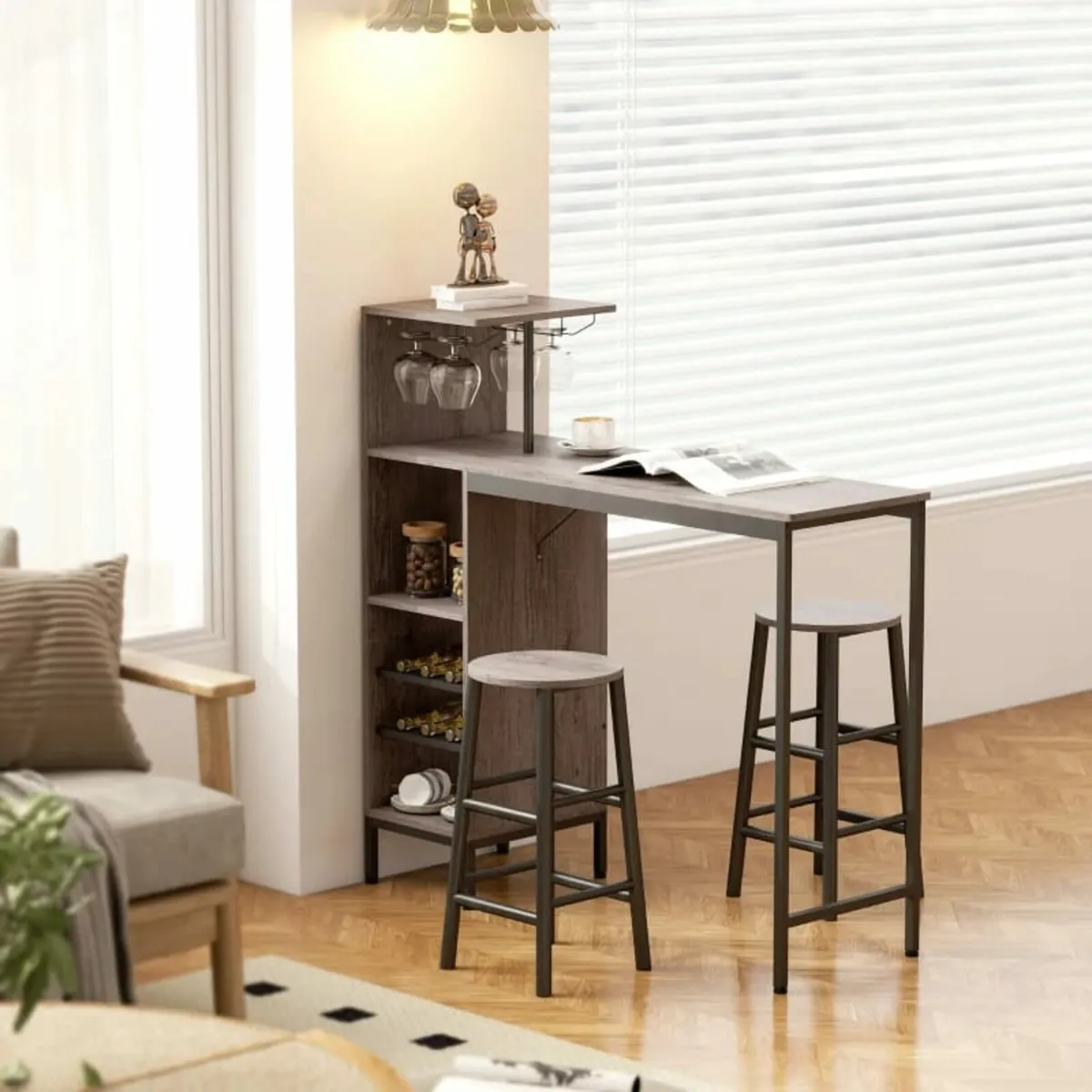 3-pc Bar Table Set with Storage, Wine Racks, Glass - Image 3