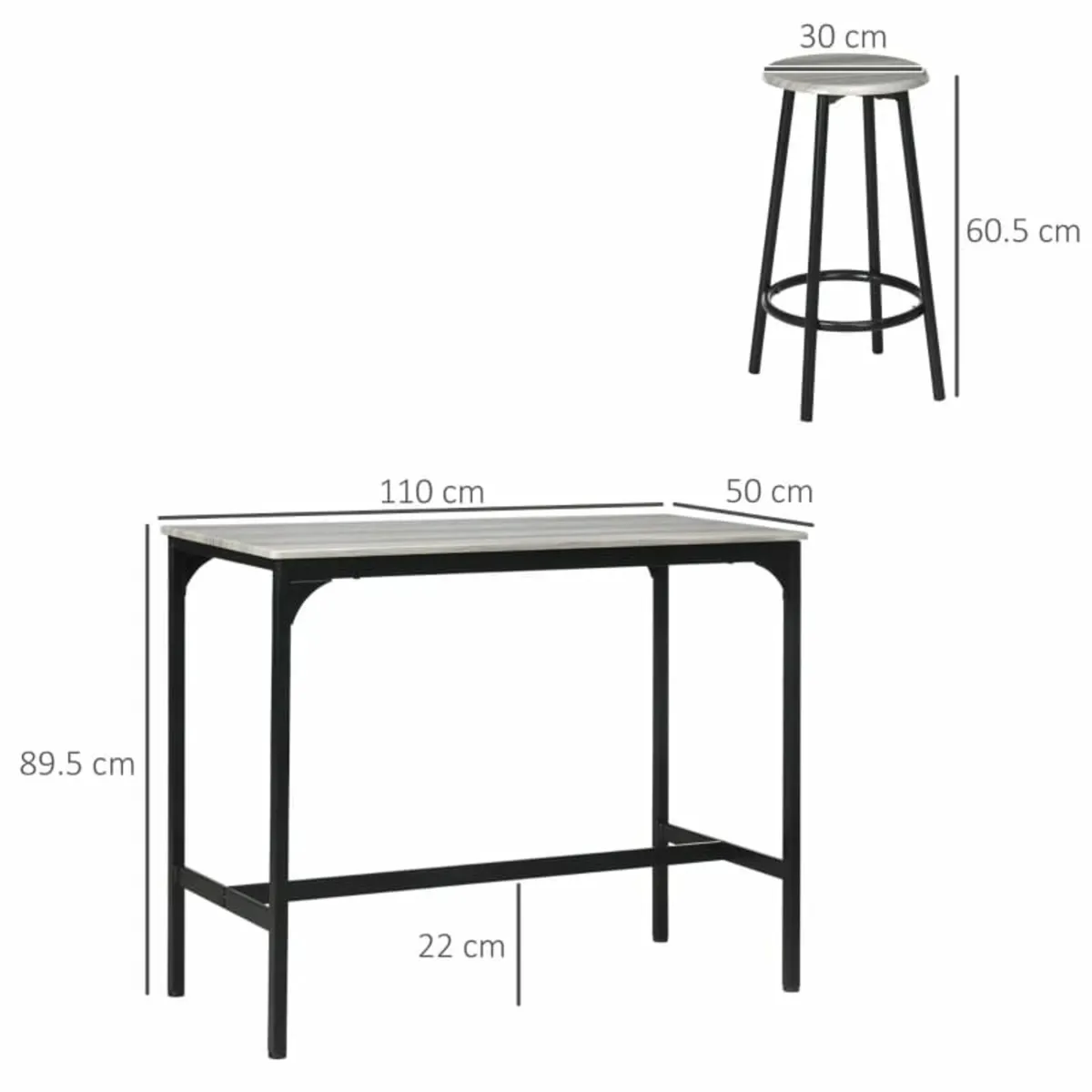 Five-Piece Industrial-Style Bar Table Set - Grey/B - Image 3