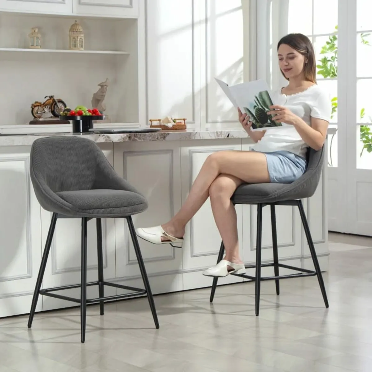 Set of 2 Bar Stools with Cord Upholstery and Steel - Image 4