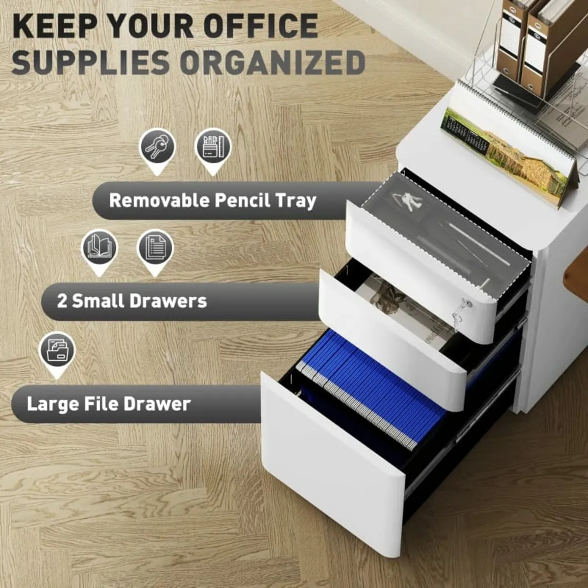 3-Drawer Steel Filing Cabinet with Lock - White - Image 3