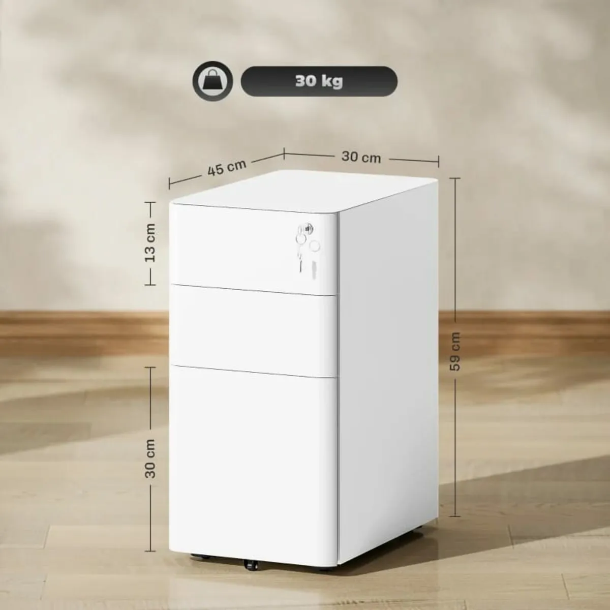 3-Drawer Steel Filing Cabinet with Lock - White - Image 4