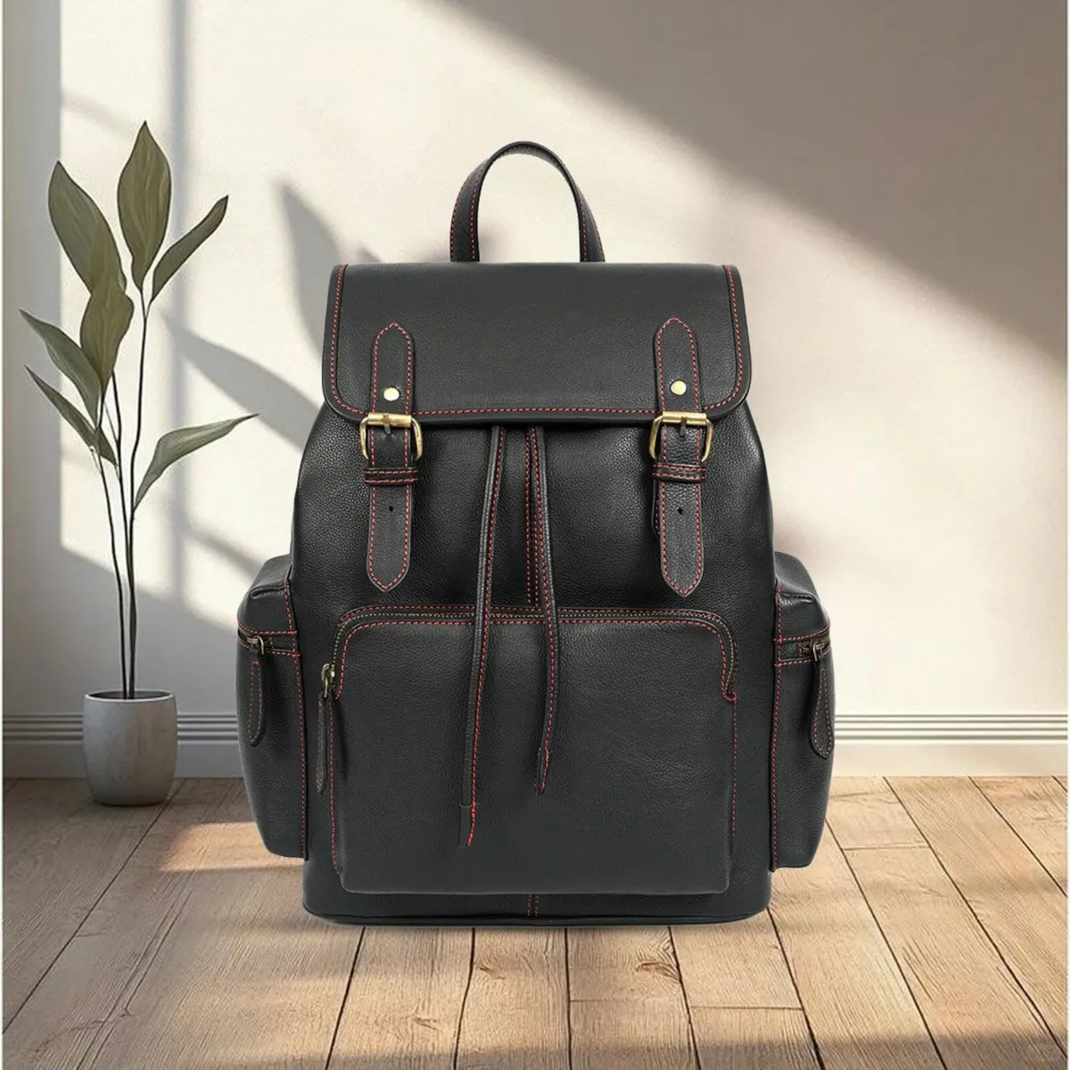 Premium Black Leather Backpack Travel Bag - Image 1