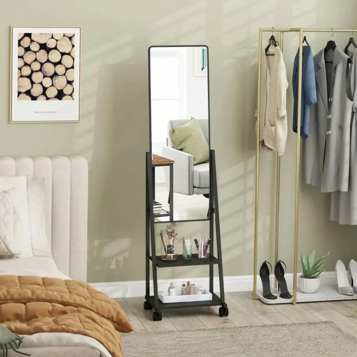 Rollable full-length mirror with 2 shelves and 4 w - Image 3
