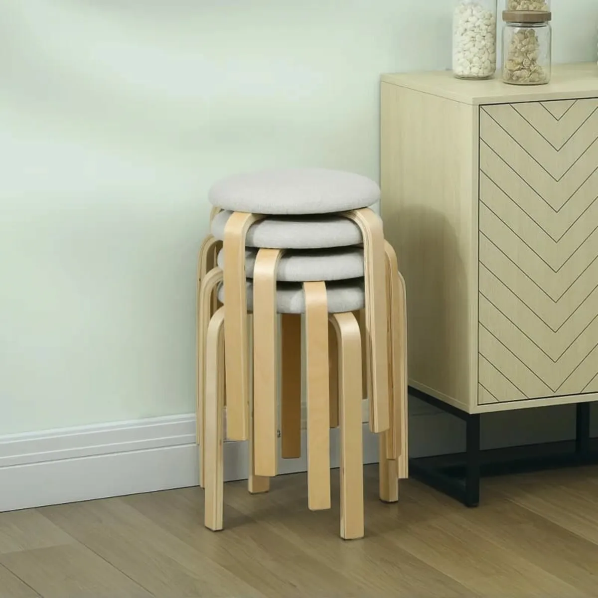 Upholstered stools 4-piece set, stackable, lacquer - Image 4