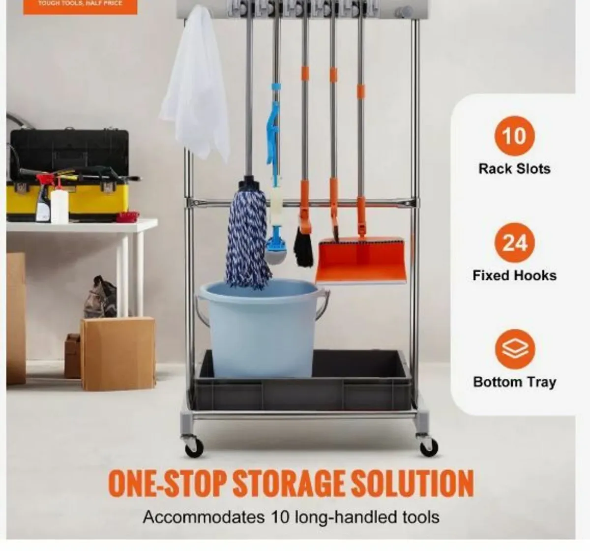 Garden Tool Organizer, 10 Slots with Hooks - Image 3