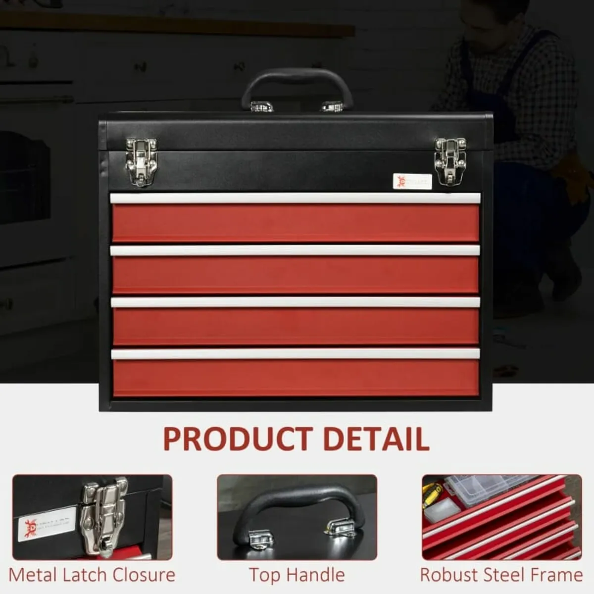 4 Drawer Tool Chest, Lockable Metal Tool Box with - Image 4