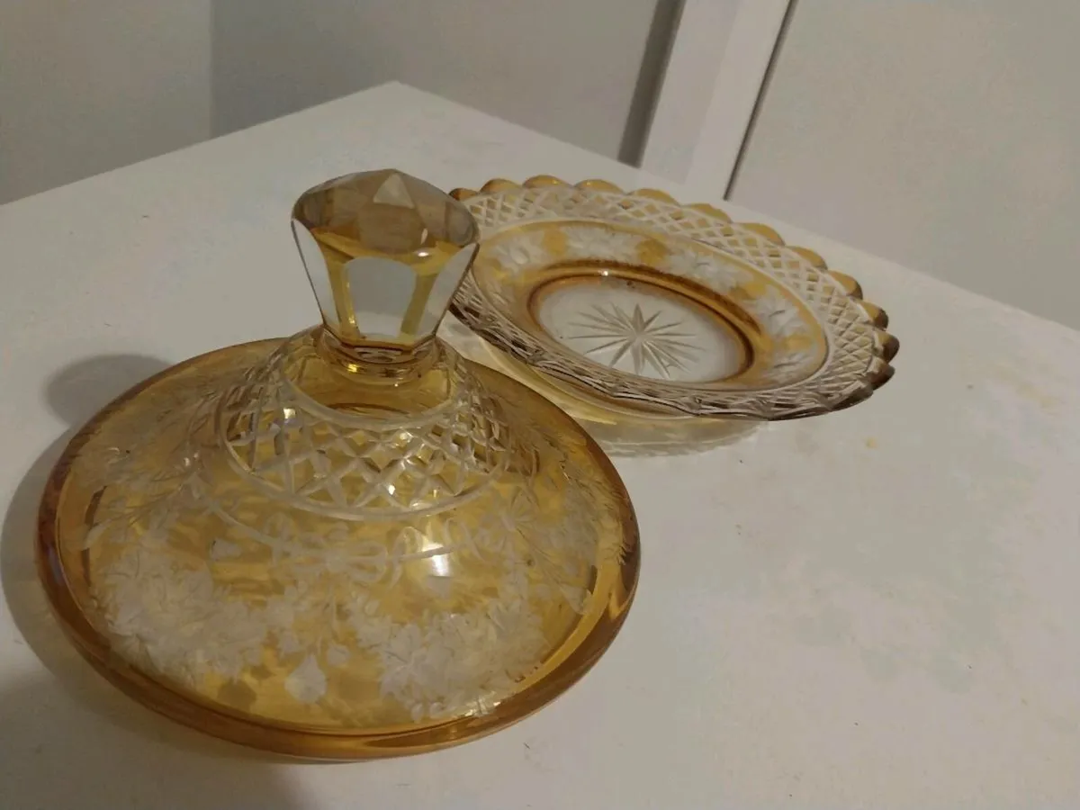 Vintage Amber Cut Glass Dish & Lid