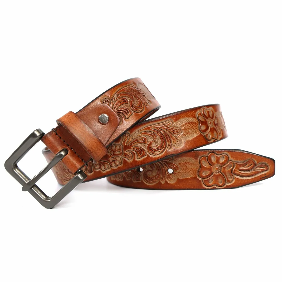 Genuine Leather Belt for Men Western Floral Design - Image 1